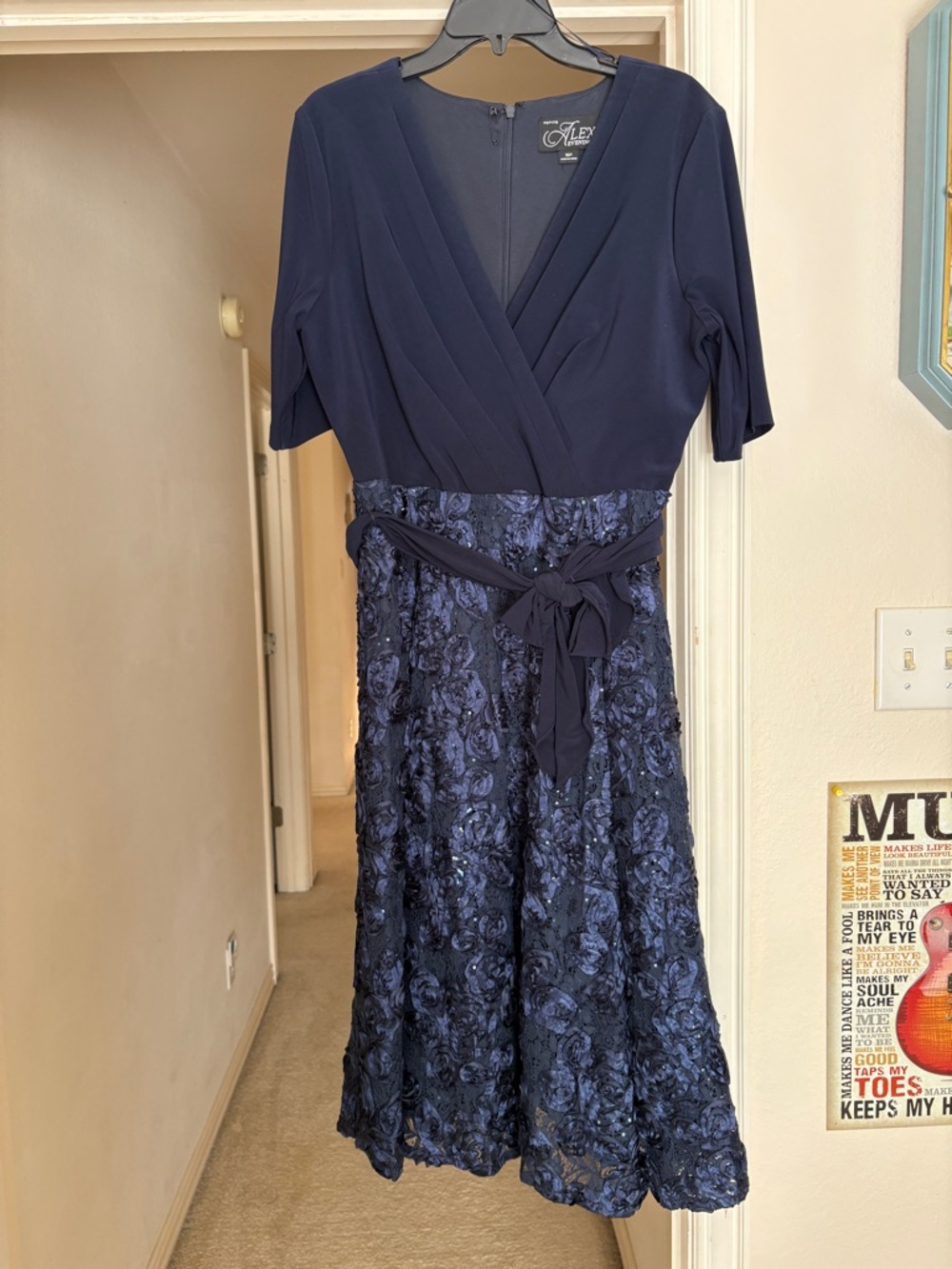 Alex Evenings Navy Floral Appliqué Midi Dress